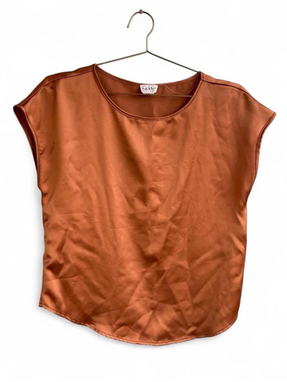 Nicole Miller Copper Satin Blouse – Minimalist Cap Sleeve Top (M)